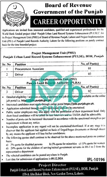 Board of Revenue Punjab Jobs 2024 Advertisement