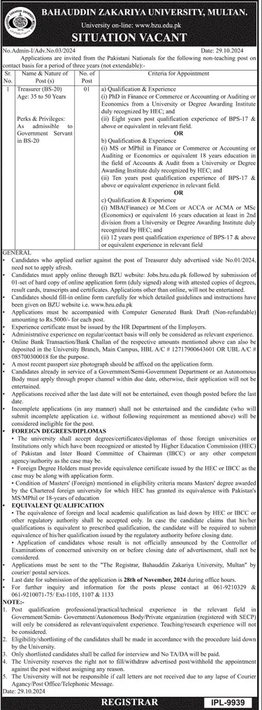 Bahauddin Zakariya University BZU Multan Jobs 2024 Advertisement