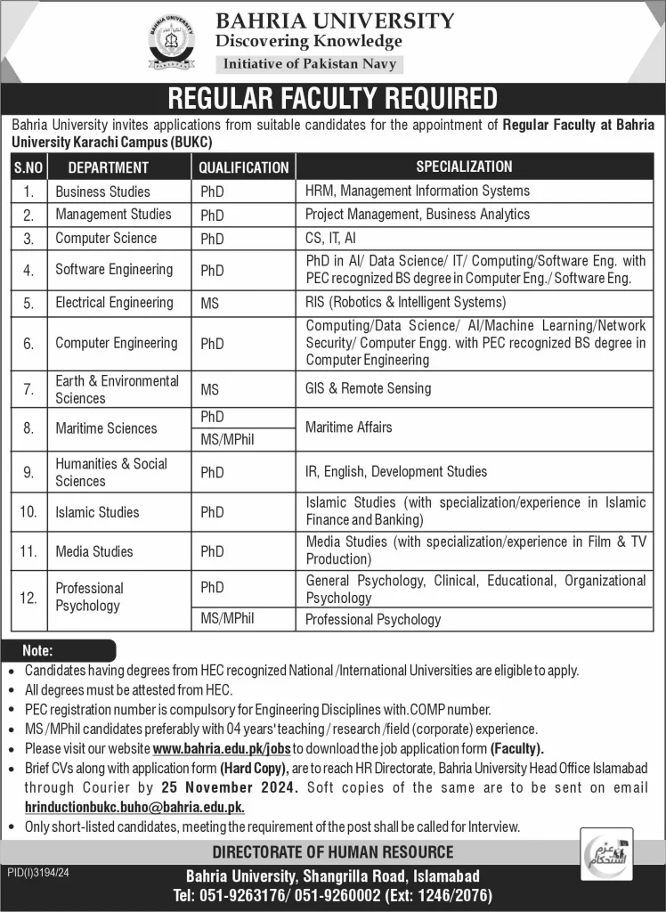 Bahria University Karachi Campus Jobs 2024 Advertisement