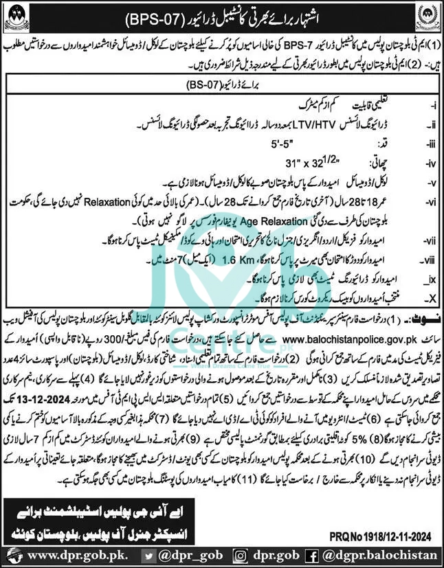 Balochistan Police Constable Driver Jobs 2024 Advertisement