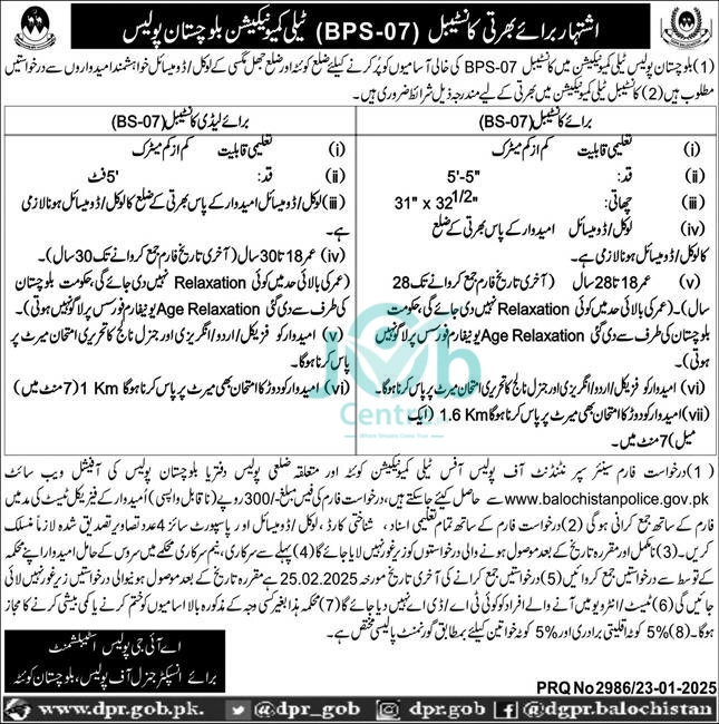 Join Balochistan Police Telecommunication 2025 Advertisement