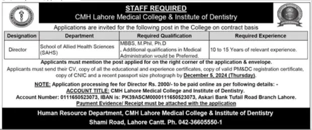 CMH Lahore Medical College & Institute Of Dentistry Jobs 2024 Advertisement