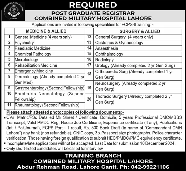 Combined Military Hospital CMH Post Graduate Registrar Jobs 2024 Advertisement