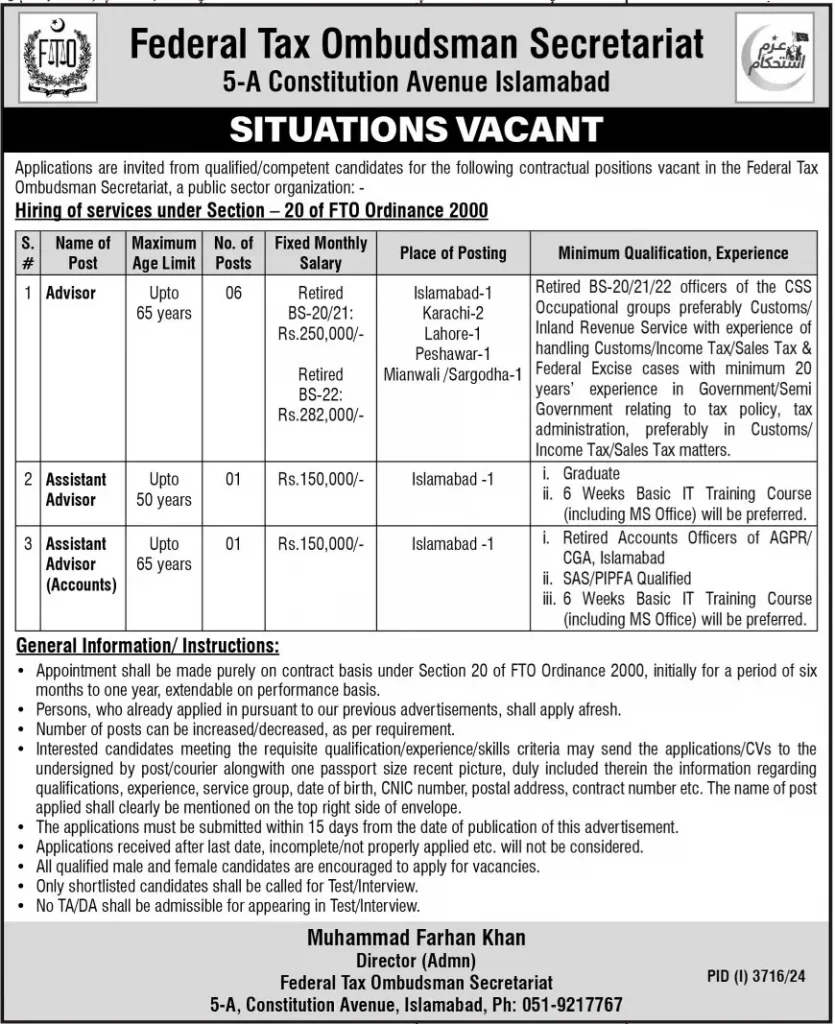 Federal Tax Ombudsman FTO Secretariat Jobs 2024 Advertisement