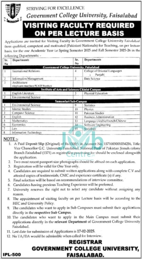 Government College University Faisalabad Jobs 2025 Advertisement: