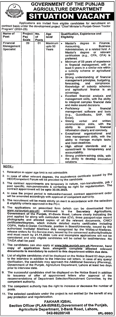 Agriculture Department Punjab Jobs 2024 Advertisement