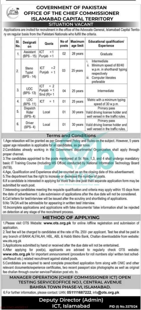  Chief Commissioner Office ICT Jobs 2024 Advertisement