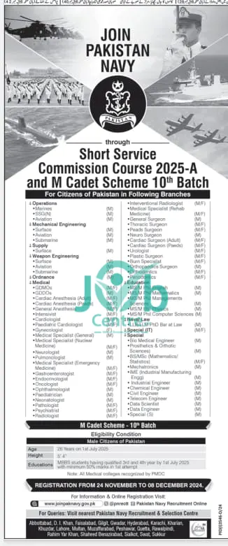 Join Pakistan Navy Through Short Service Commission Course 2025-A and M Cadet Scheme (10th Batch) Advertisement