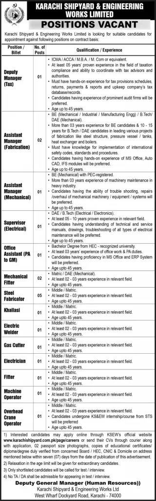 Job Opportunities at Karachi Shipyard & Engineering Works Limited Advertisement