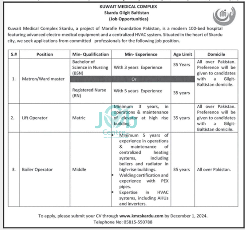 Kuwait Medical Complex Skardu Jobs 2024 Advertisement