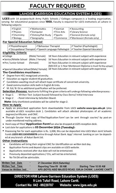 Lahore Garrison Education System Jobs 2024 Advertisement