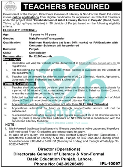 Literacy & Non Formal Basic Education Department Jobs 2024 Advertisement