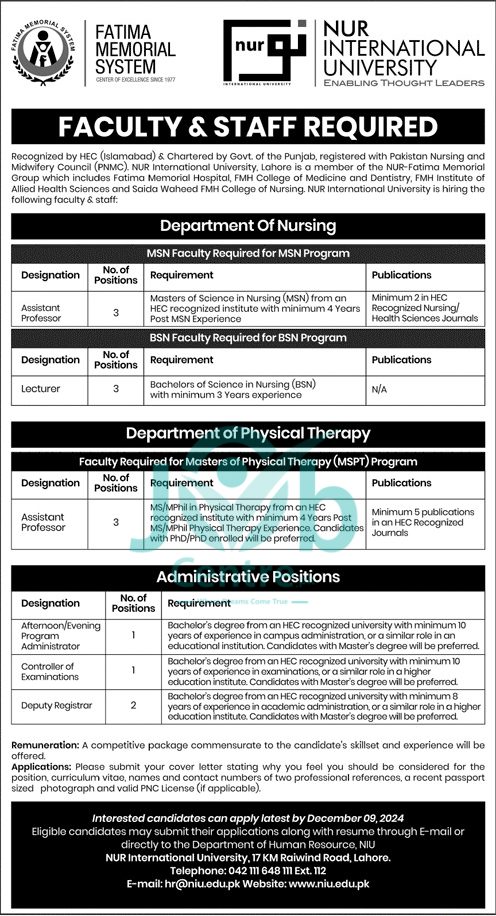 NUR International University Jobs 2024 Advertisement