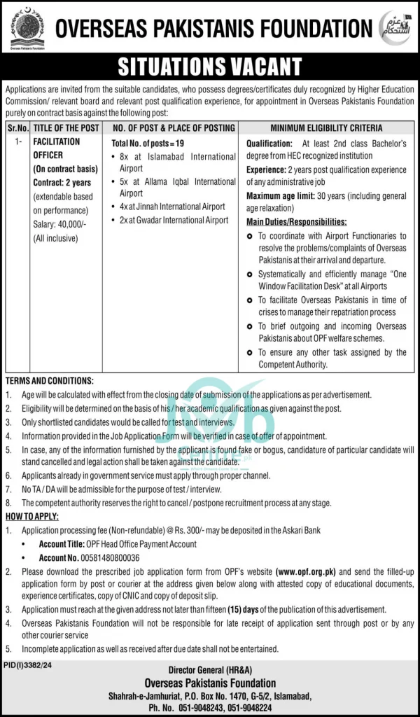 Overseas Pakistanis Foundation OPF Jobs 2024 Advertisement