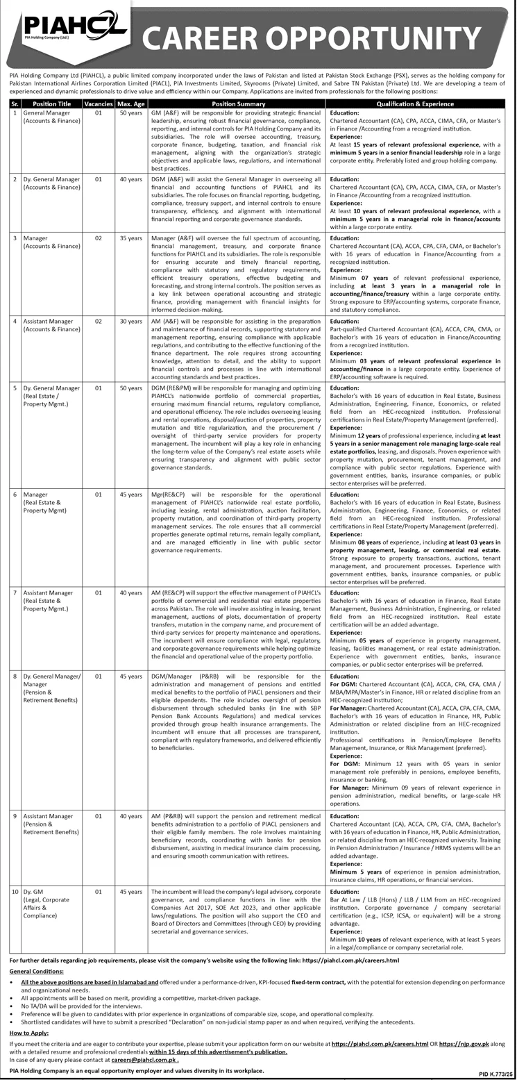PIA Holding Company Limited PIAHCL Jobs 2025 Advertisement 