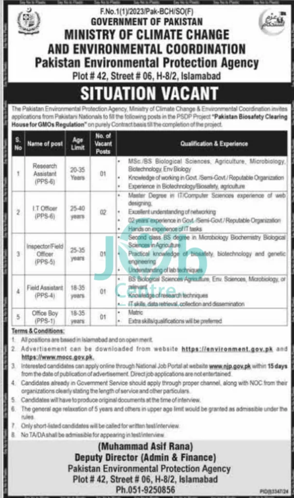 Pakistan Environmental Protection Agency EPA Jobs 2024 Advertisement: