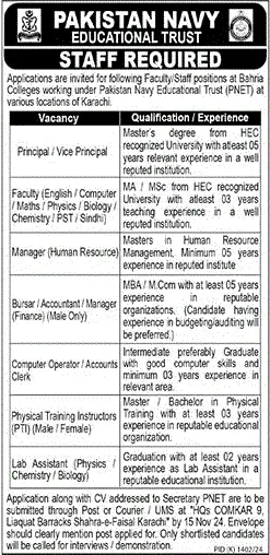 Pakistan Navy Educational Trust PNET Jobs 2024 Advertisement