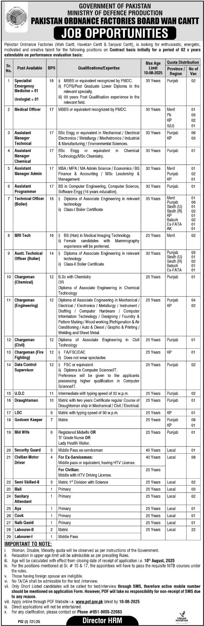 www.pof.gov.pk Jobs 2025 Advertisement