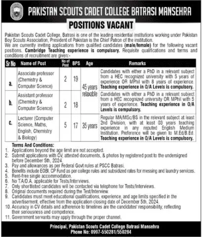 Pakistan Scouts Cadet College Jobs 2024 Advertisement