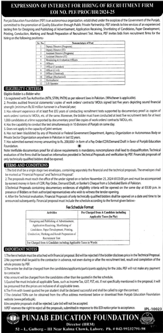 Punjab Education Foundation PEF Jobs 2024 Advertisement: