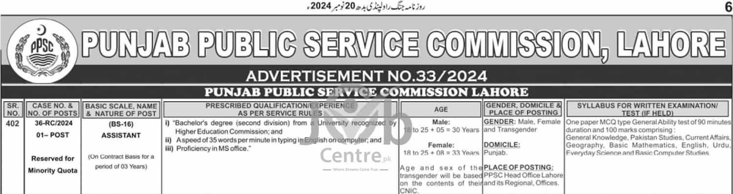 Punjab Public Service Commission Lahore Jobs 2024 Advertisement