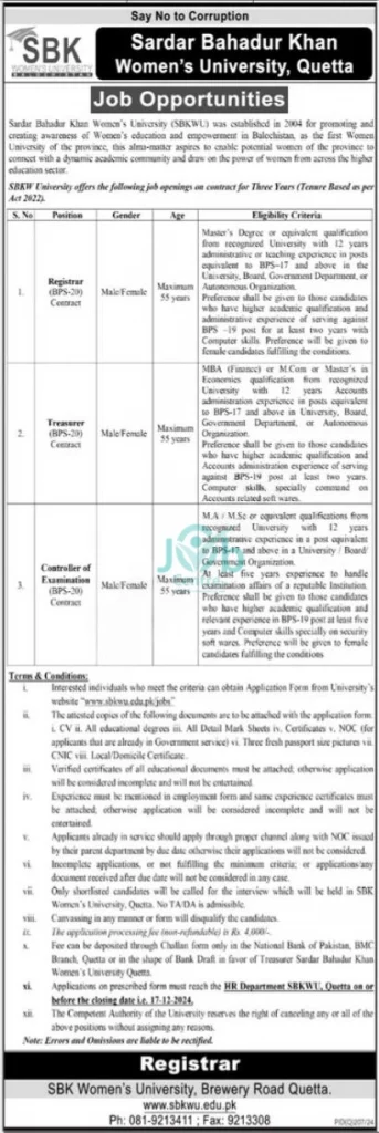 Sardar Bahadur Khan Women University SBKWU Quetta Jobs 2024 Advertisement