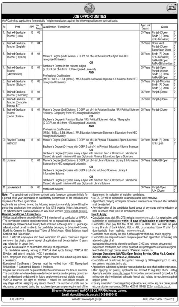 WAPDA Trained Graduate Teachers Jobs 2024 Advertisement