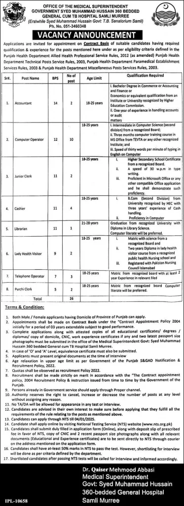 360 Bedded General Hospital Samli Murree Jobs 2025 Advertisement