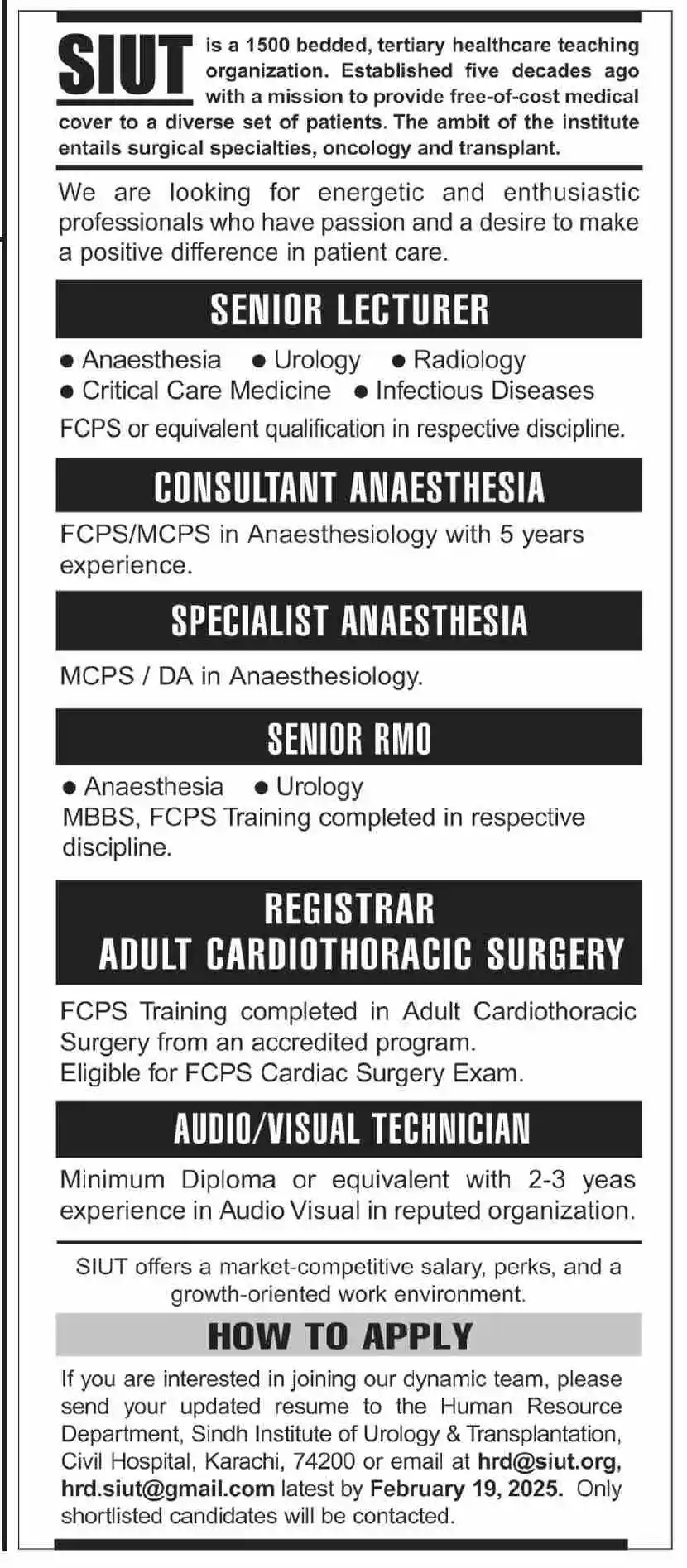 Sindh Institute Of Urology & Transplantation SIUT Jobs 2025 Latest Advertisement