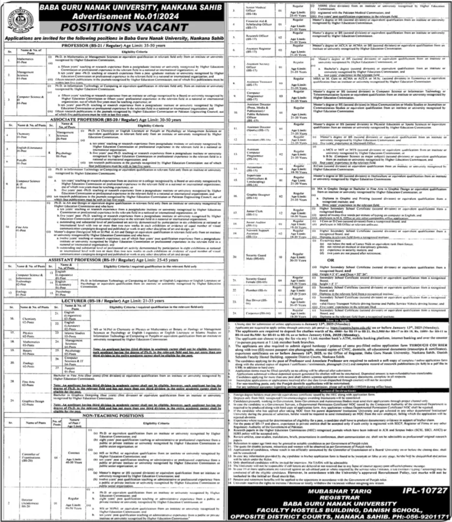 Baba Guru Nanak University Jobs Advertisement No. 01/2025