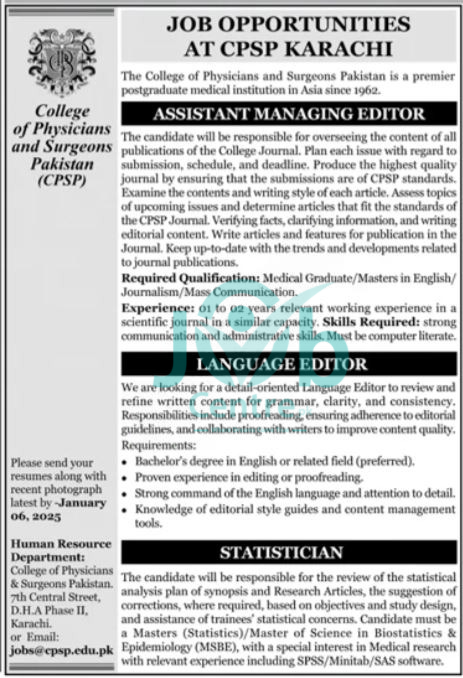 College Of Physicians & Surgeon Of Pakistan CPSP Jobs 2025 Advertisement