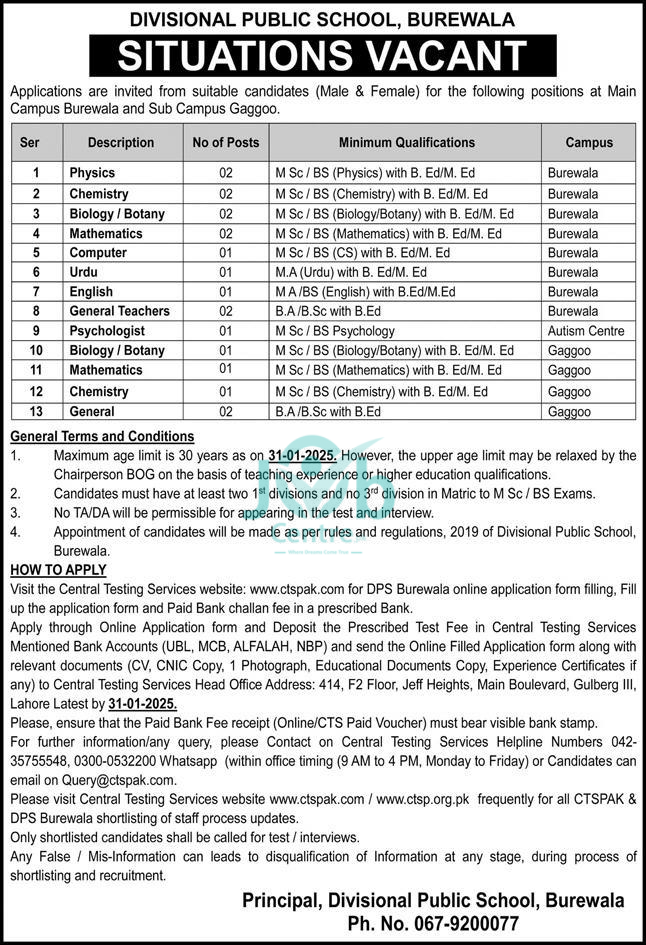 Divisional Public School DPS Burewala Jobs 2025 Advertisement