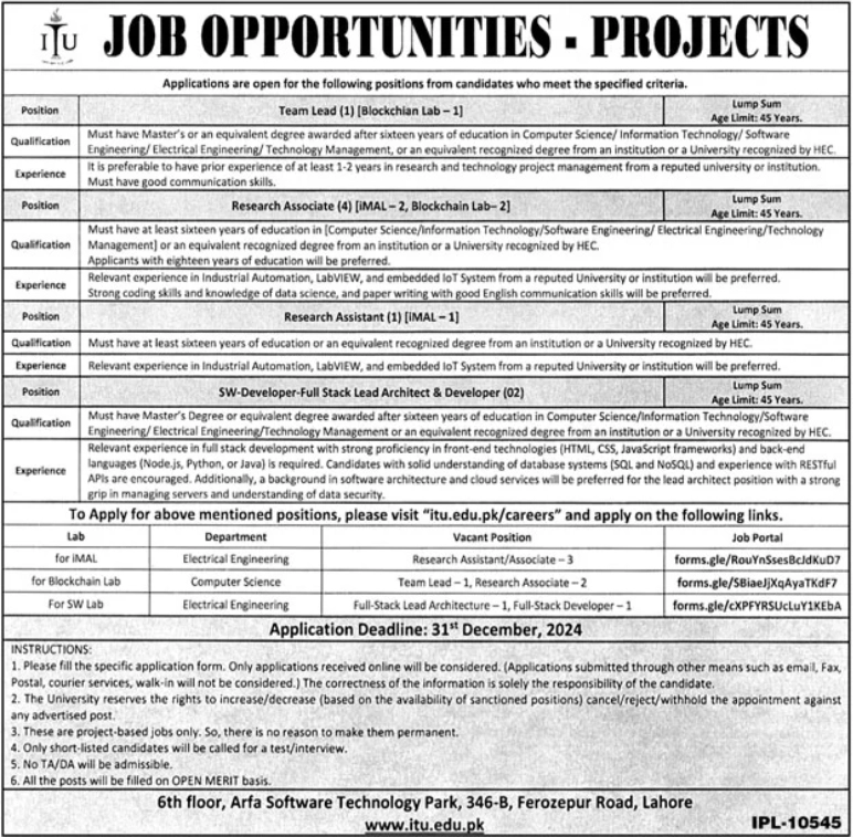 Information Technology University ITU Jobs 2024 Advertisement