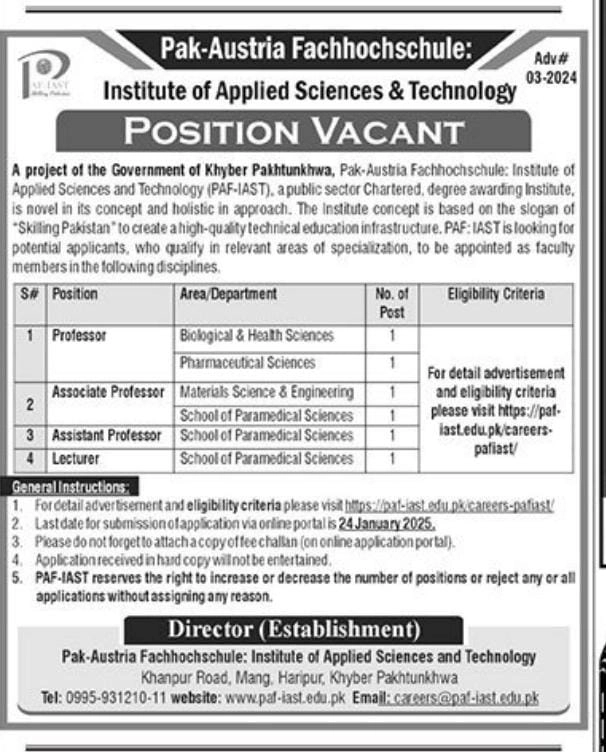 Institute of Applied Sciences & Technology IAST Jobs 2025 Advertisement