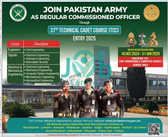 Join Pakistan Army as Regular Commissioned Officer - 37th Technical Cadet Course (TCC) Entry 2025 Advertisement