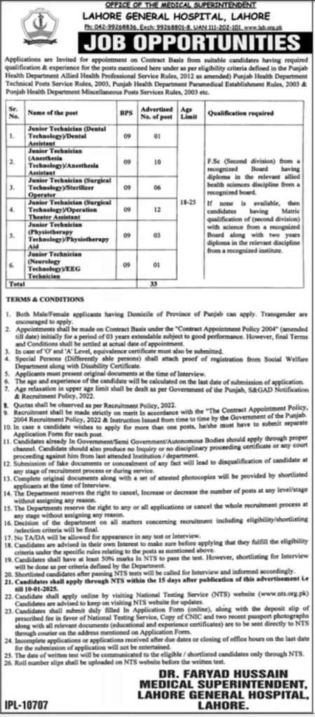 Lahore General Hospital Jobs 2025 Advertisement