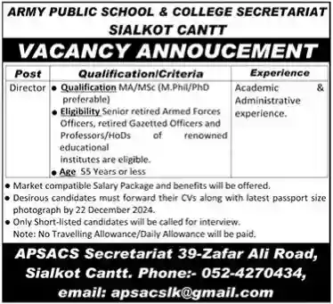 Army Public Schools & Colleges Secretariat Sialkot Jobs 2024 Advertisement