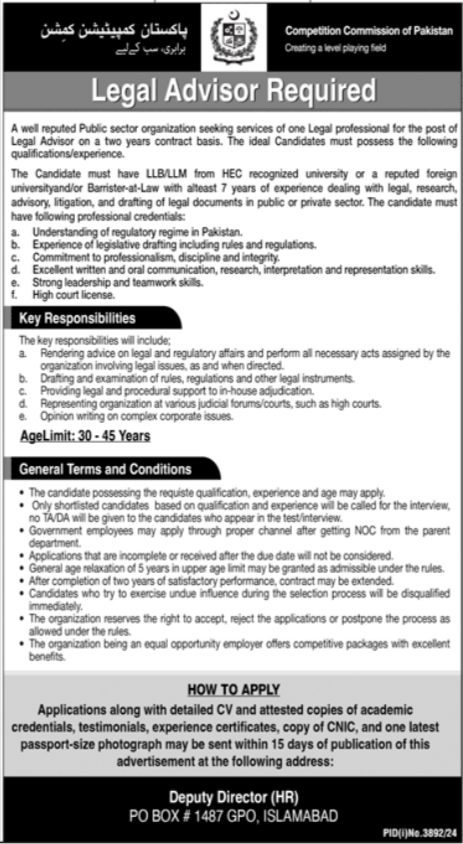 Competition Commission Of Pakistan Legal Advisor Jobs 2024 Advertisement