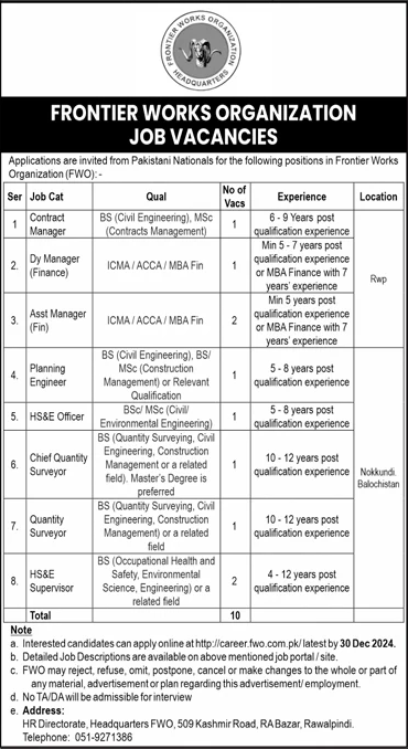 Frontier Works Organization FWO Jobs 2024 Advertisement