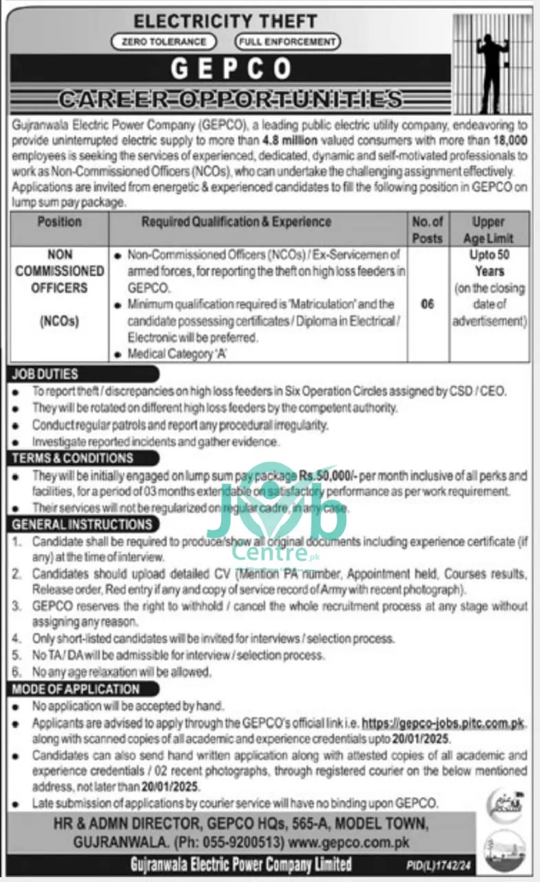 Latest GEPCO Non Commissioned Officers Jobs 2025 Advertisement.