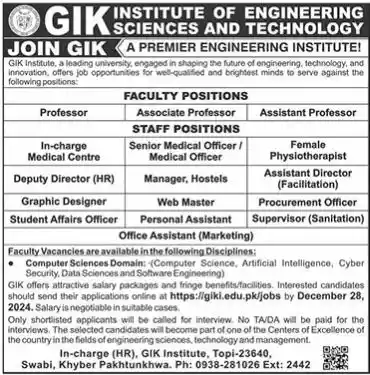 Ghulam Ishaq Khan Institute of Engineering science and Technology Swabi Jobs 2024 Advertisement