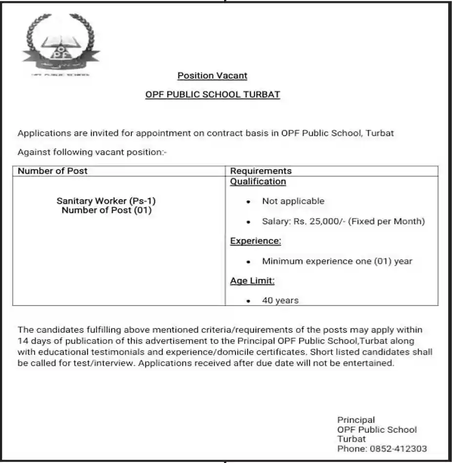 OPF Public School Turbat Jobs 2025 Advertisement