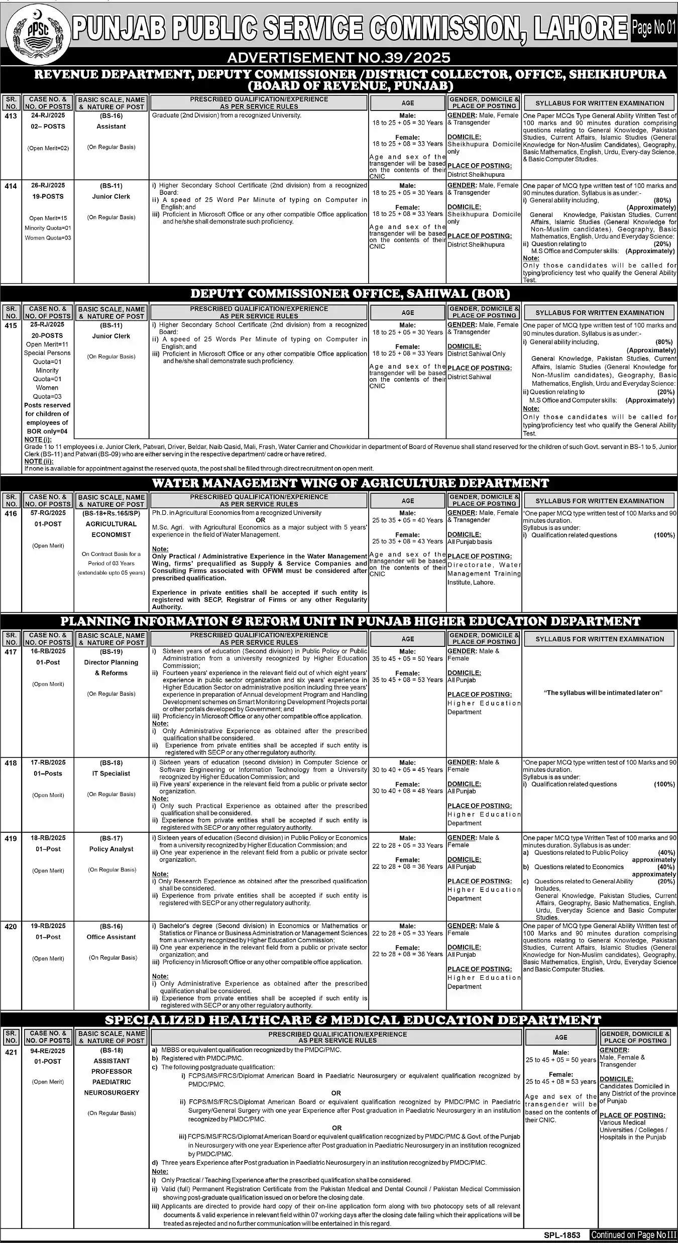 PPSC Latest Jobs Advertisement No 39/2025: