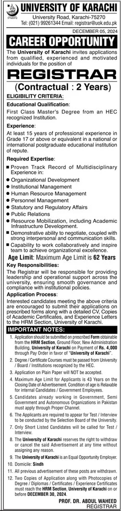 University of Karachi Jobs 2025 Advertisement