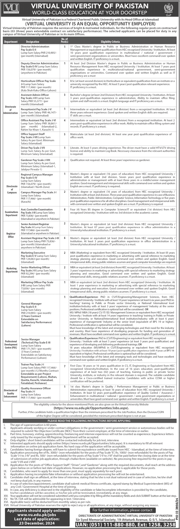 Virtual University of Pakistan (VU) Careers 2024 Advertisement