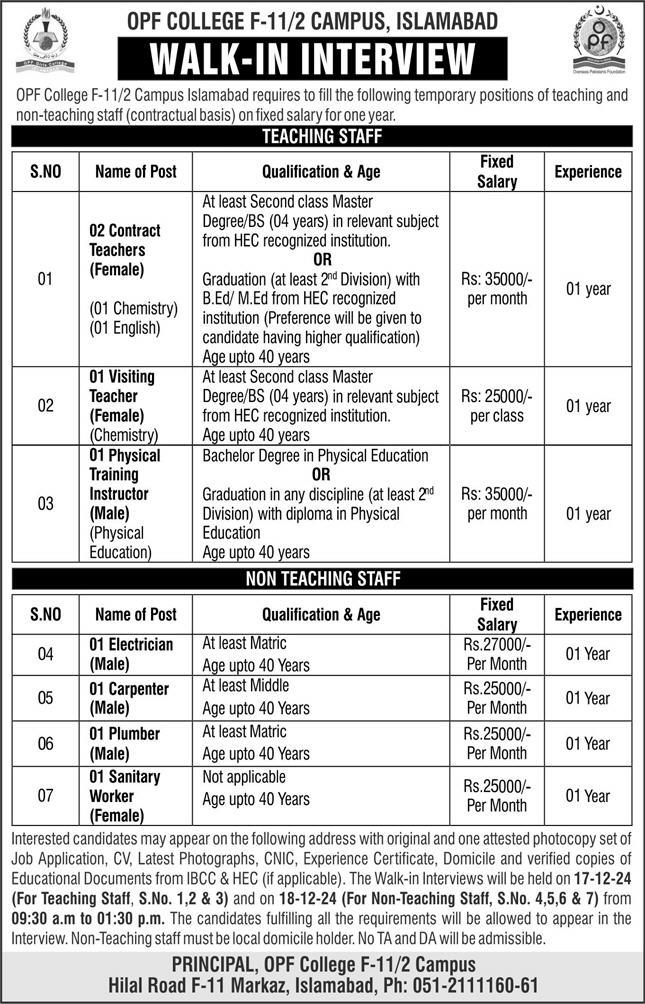 OPF College F-11/2 Campus Islamabad Jobs 2024 Advertisement