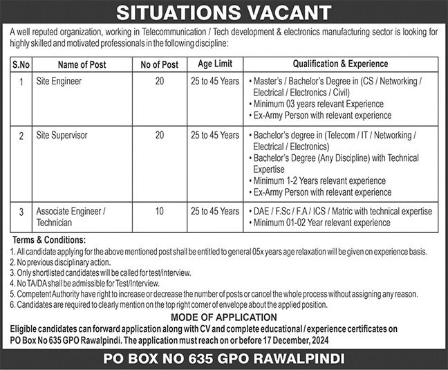 Latest PO Box No 635 GPO Rawalpindi Jobs 2024 Advertisement