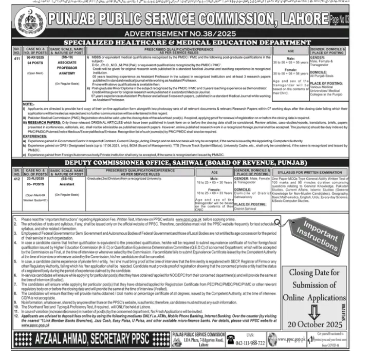 PPSC Latest Jobs Advertisement No 38/2025