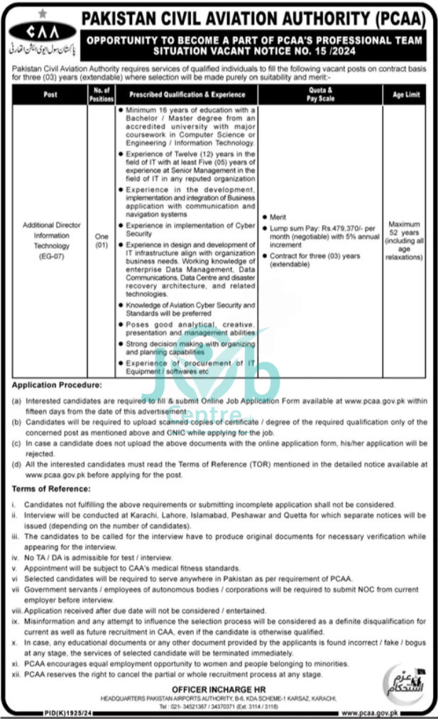 Pakistan Civil Aviation Authority Jobs Advertisement No. 15/2025