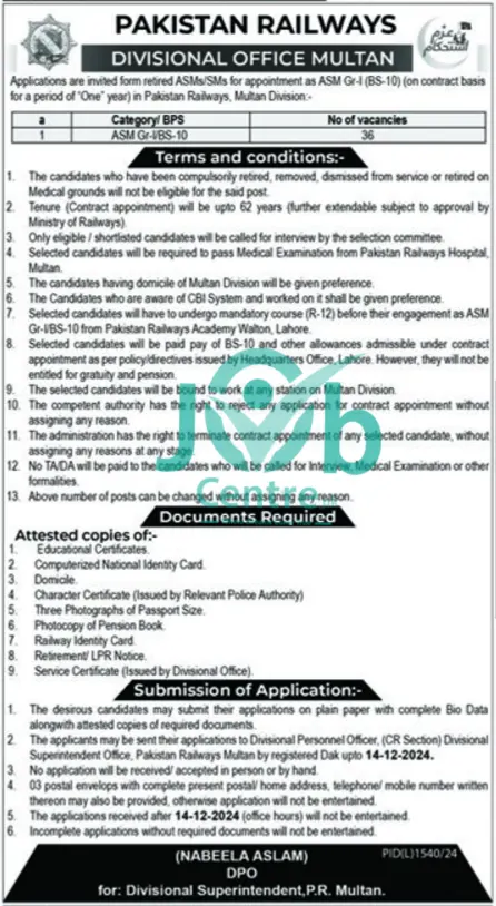 Pakistan Railways Multan Jobs 2024 Advertisement